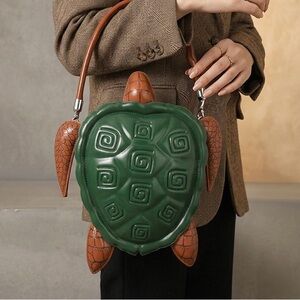 Novelty Green & Brown Vegan Leather Turtle-Shaped Crossbody Handbag